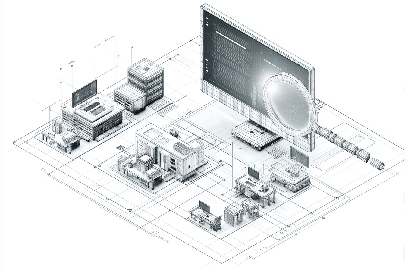 Isometric diagram of a small-business network being mapped and security-tested